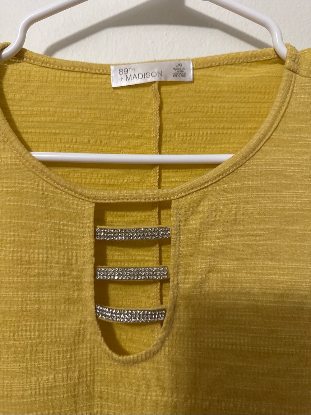 Madison Yellow Rhinestone Ladder Keyhole Flutter Sleeve Top - Picture 2 of 5